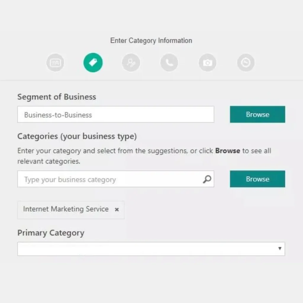 Bing business listing image on adding category information of your business.