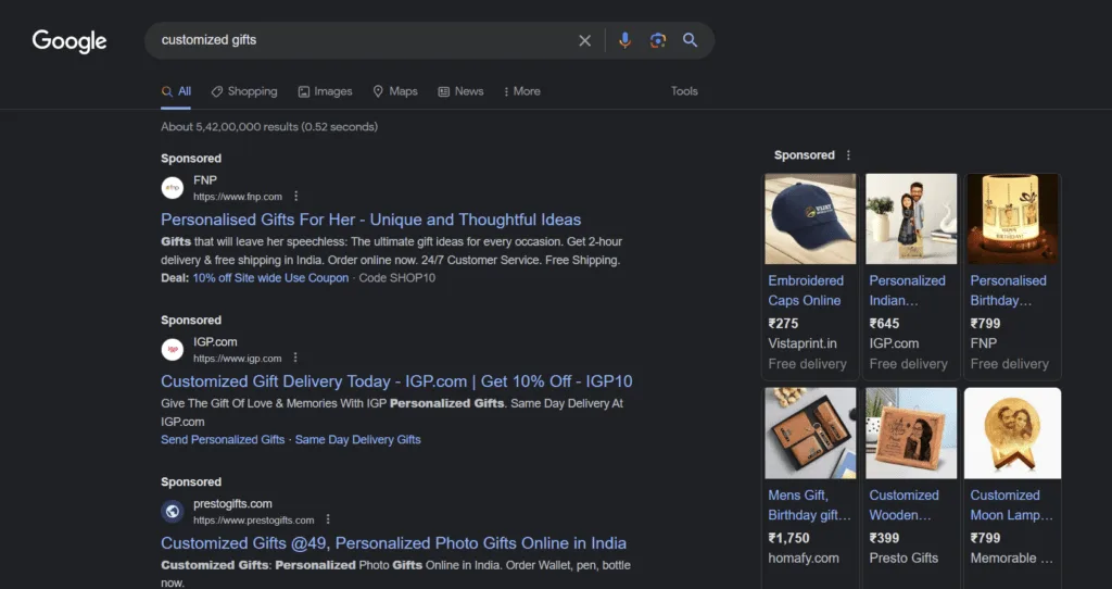 A screenshot of sponsored ads on Google on Desktop