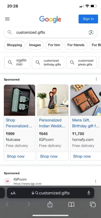 A screenshot of sponsored ads on Google on Mobile