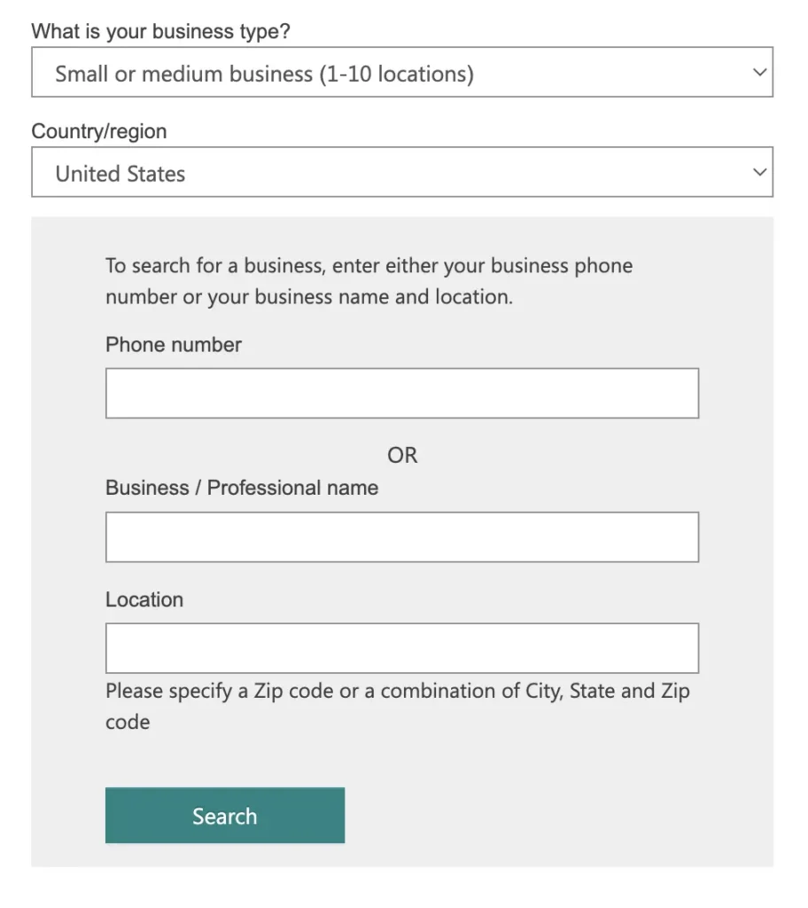 Bing business listing image of adding business type and other information like country , phone number etc.