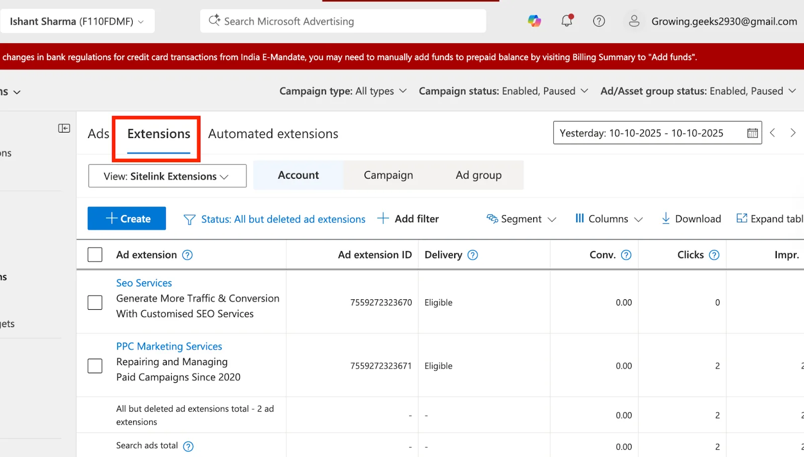 Extensions tab selected in Microsoft Advertising ads and extensions