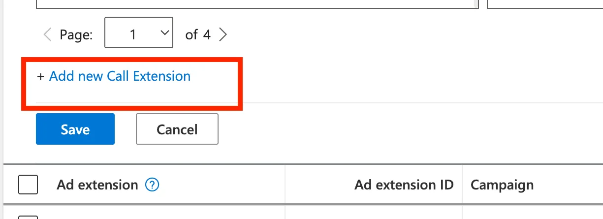 Create Call Extensions panel with the Add new Call Extension link