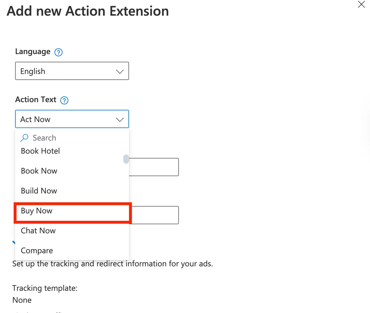Entering action extension button text such as Buy Now or Get Offer
