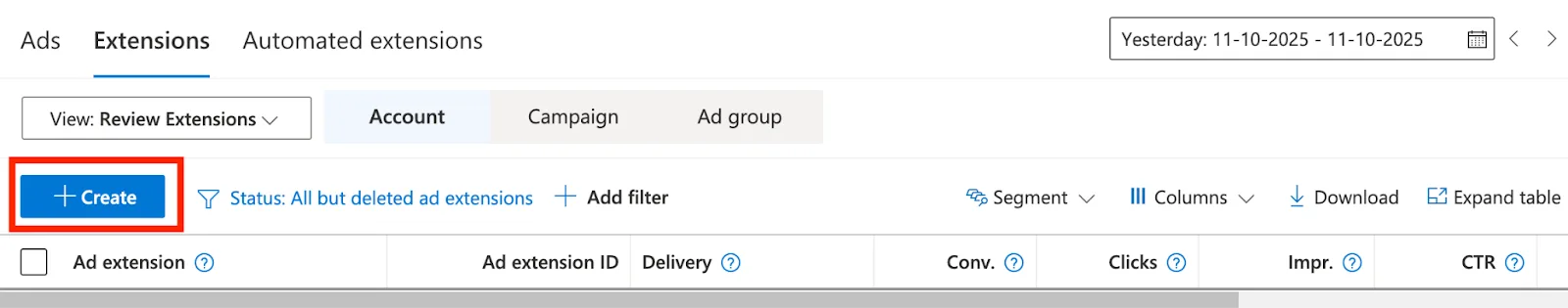 Clicking Create to add a new review extension