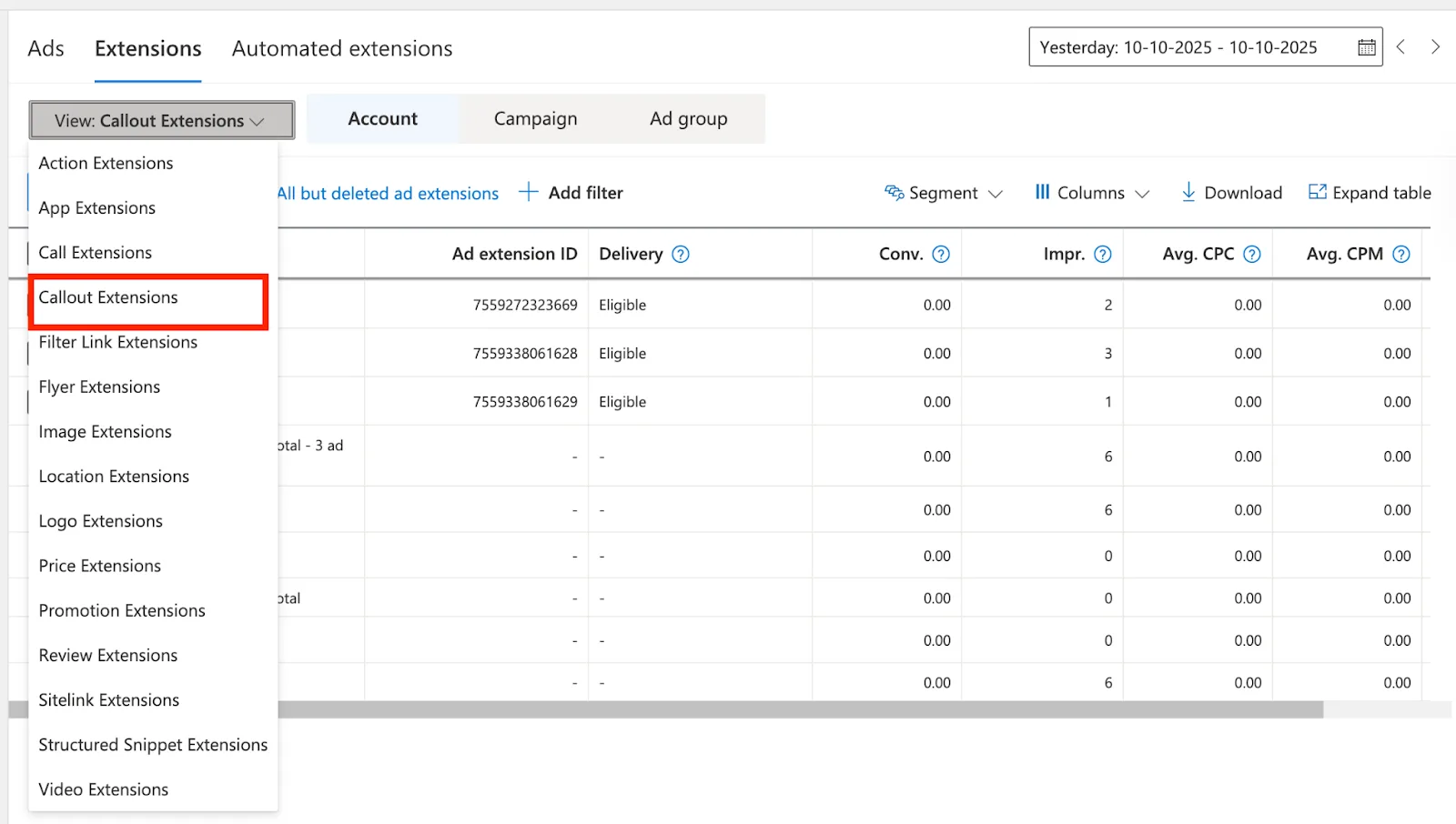 Selecting Callout Extensions from the extension type dropdown in Microsoft Advertising