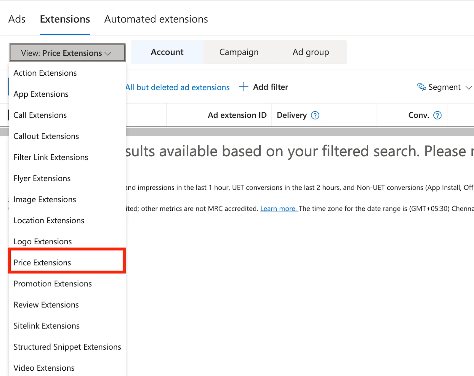 Selecting Price Extensions from the extension type dropdown in Microsoft Advertising