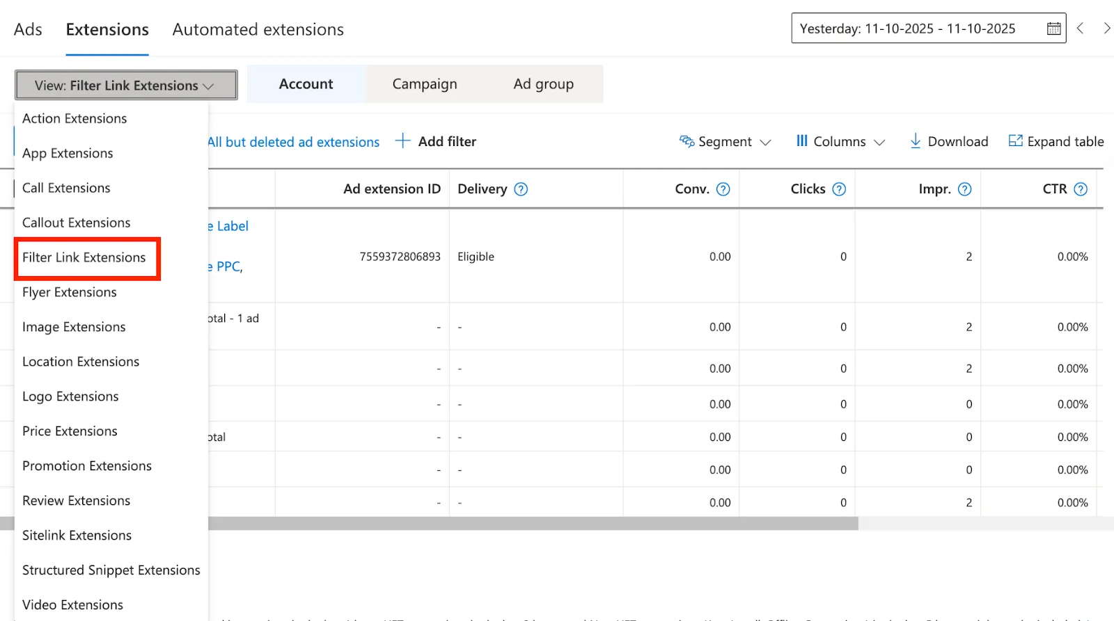 Selecting Filter Link Extensions from the extension type dropdown in Microsoft Advertising