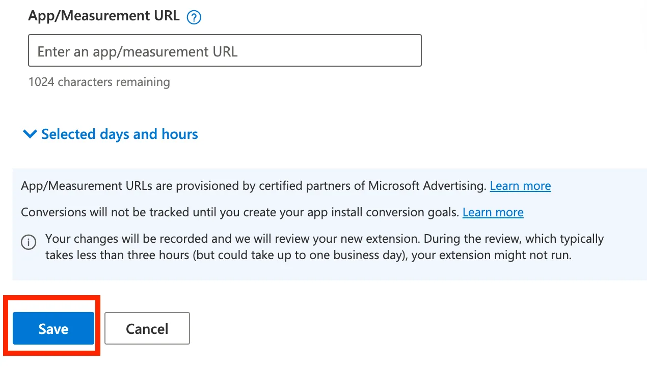 Saving a new app extension in Microsoft Advertising