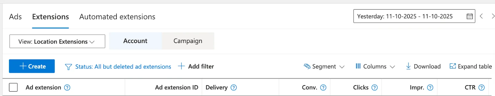 Clicking Create to add a new location extension