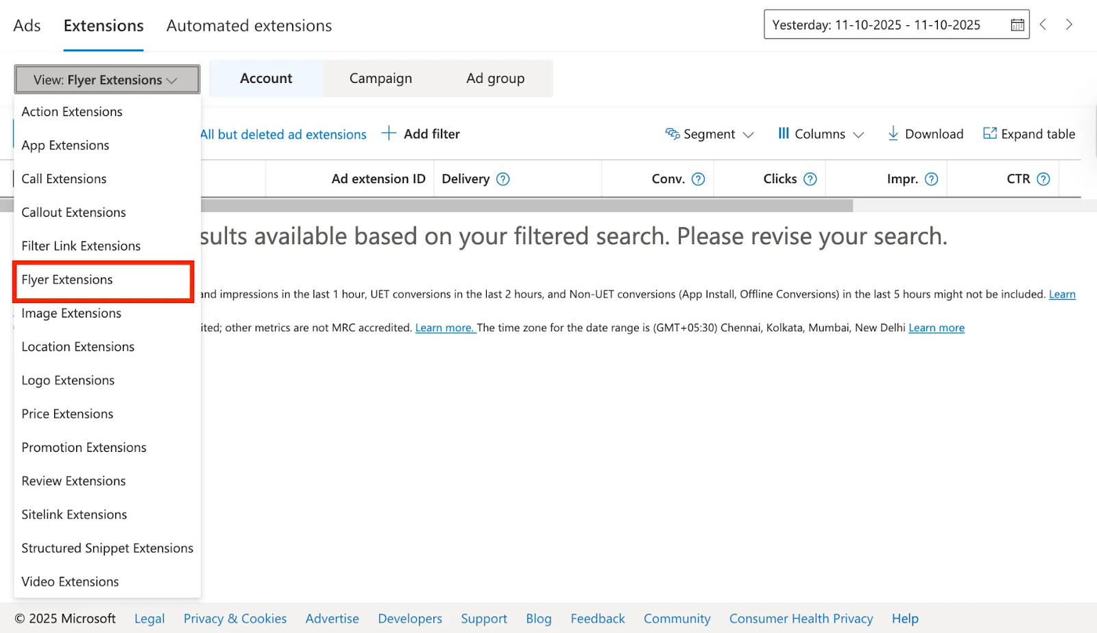 Selecting Flyer Extensions from the extension type dropdown in Microsoft Advertising