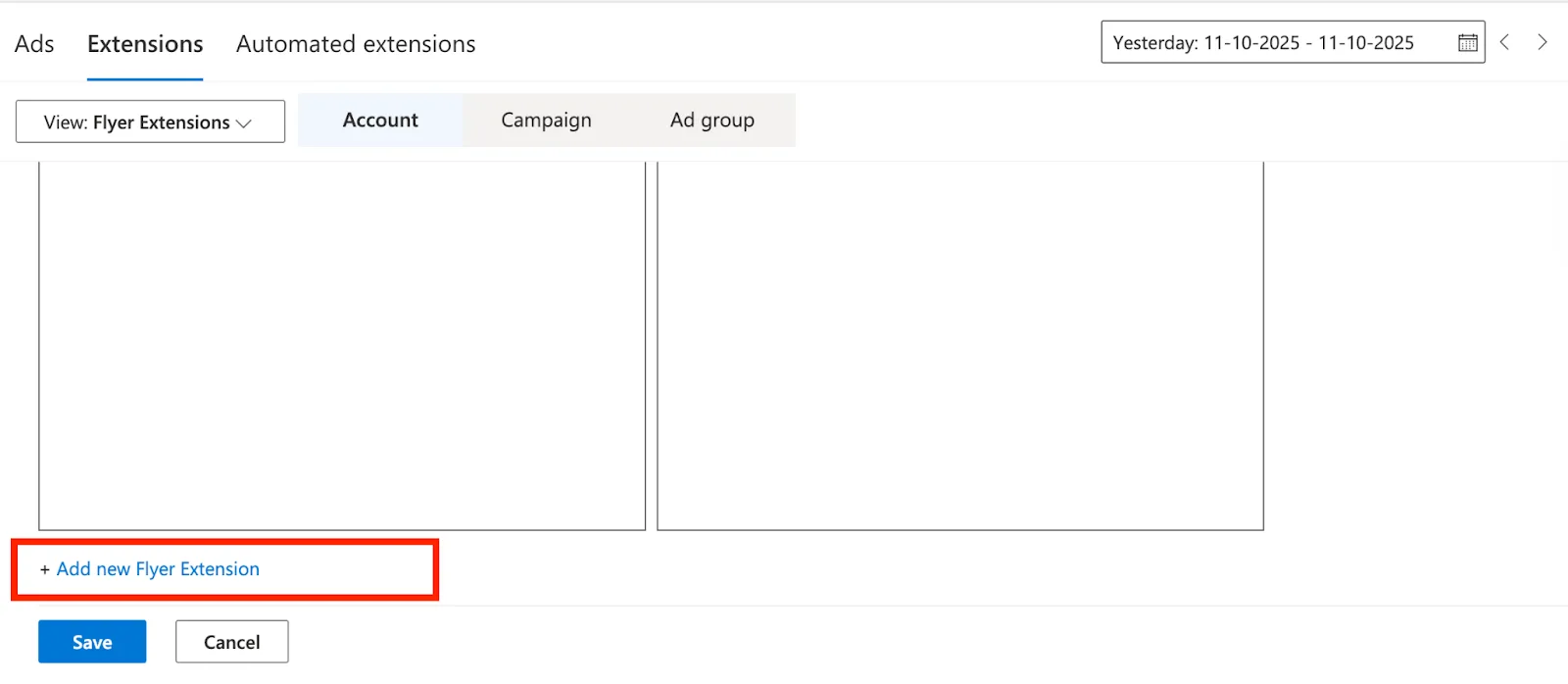 Create Flyer Extensions panel with the add new flyer extension link