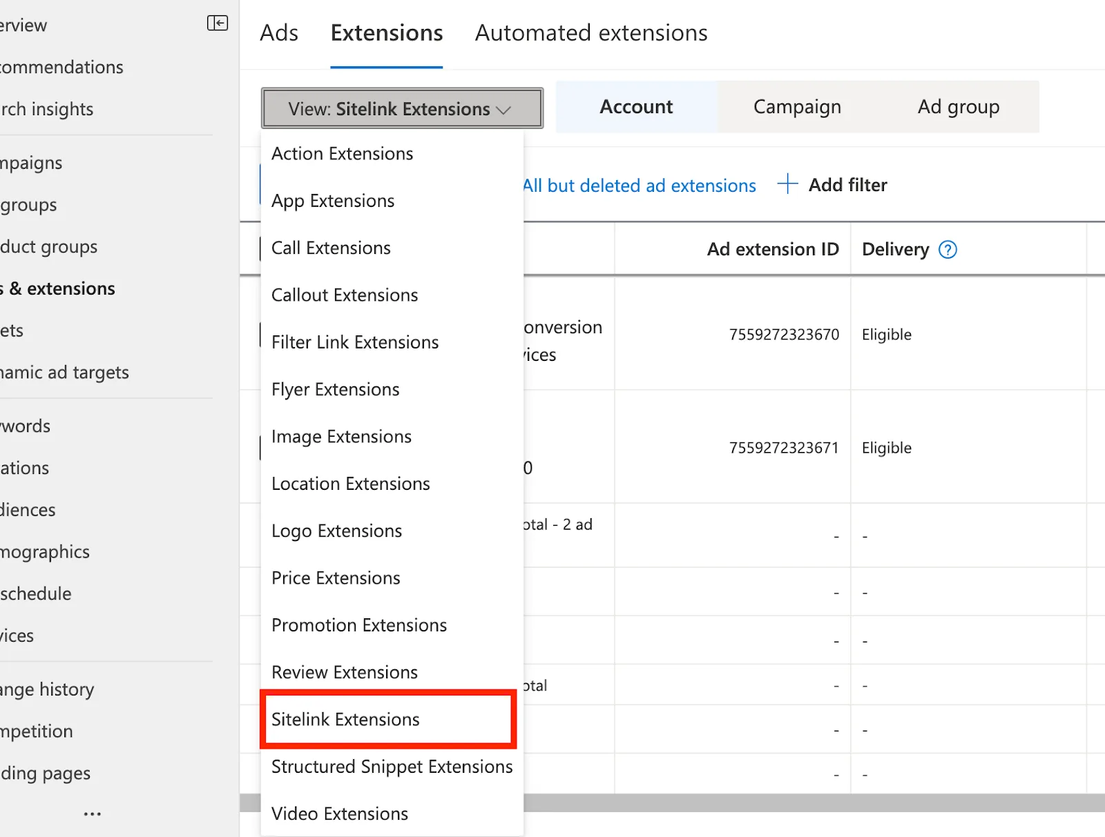 Selecting Sitelink Extensions from the extension type dropdown in Microsoft Advertising
