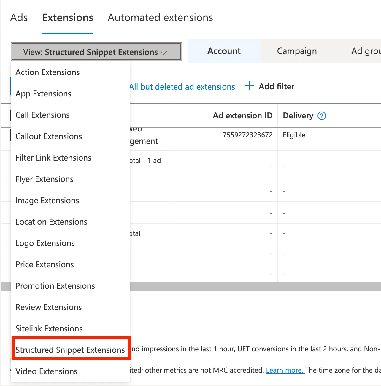Selecting Structured Snippet Extensions from the extension type dropdown in Microsoft Advertising