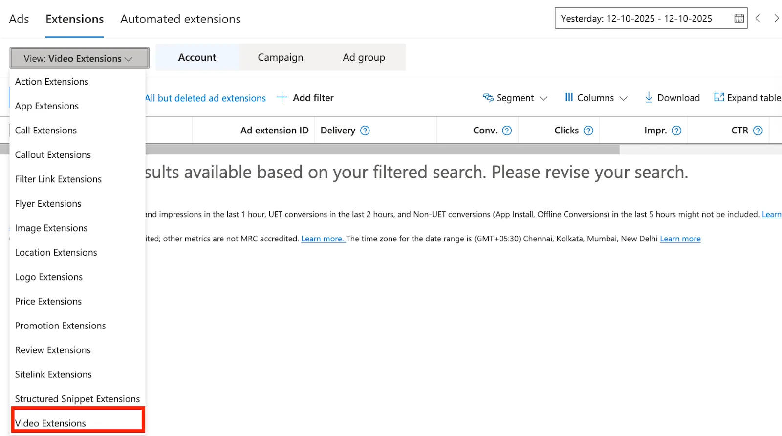 Selecting Video Extensions from the extension type dropdown in Microsoft Advertising