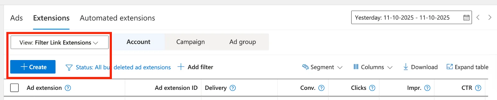 Clicking Create to add a new filter link extension