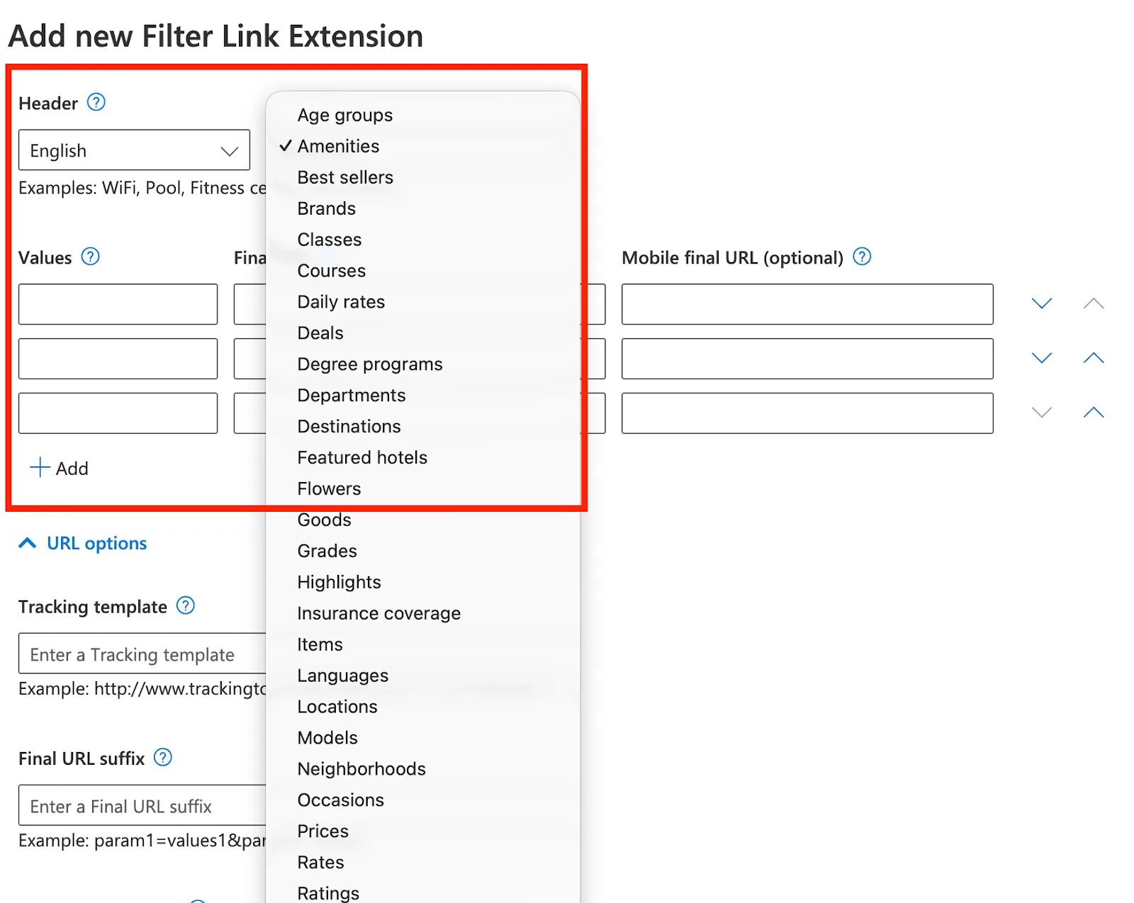 Choosing the language and header category for a filter link extension