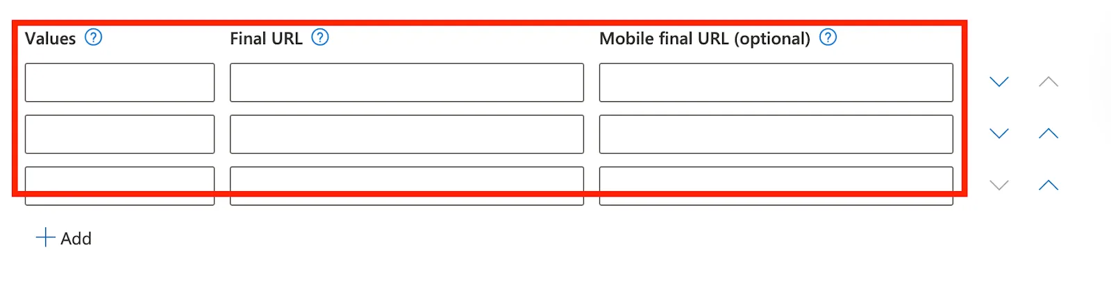 Entering filter values and final URLs for a filter link extension
