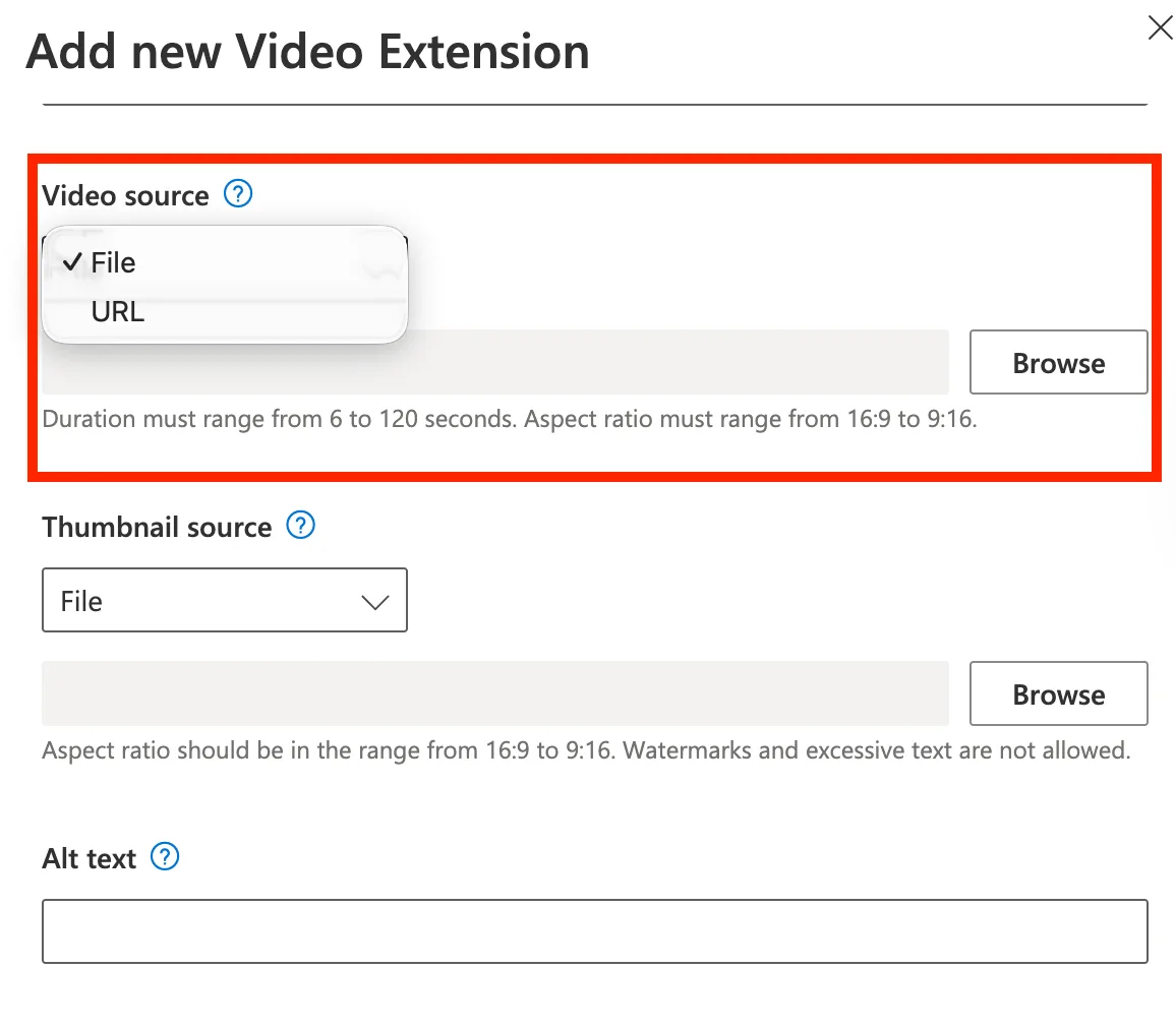 Uploading a video by file or URL for a video extension