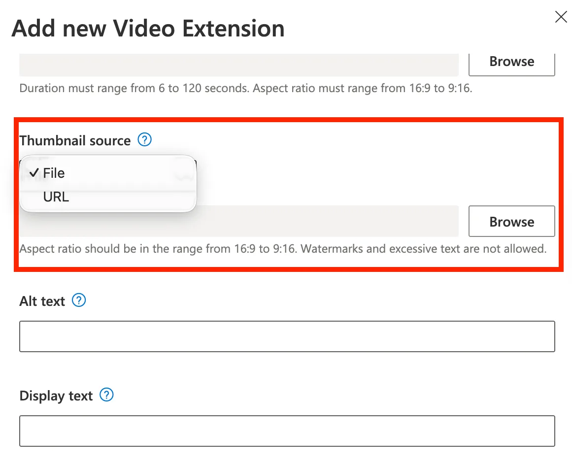 Uploading a thumbnail file or URL for a video extension