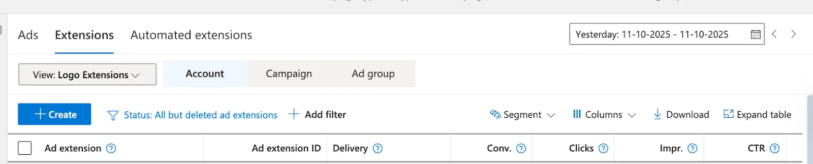 Clicking Create to add a new logo extension