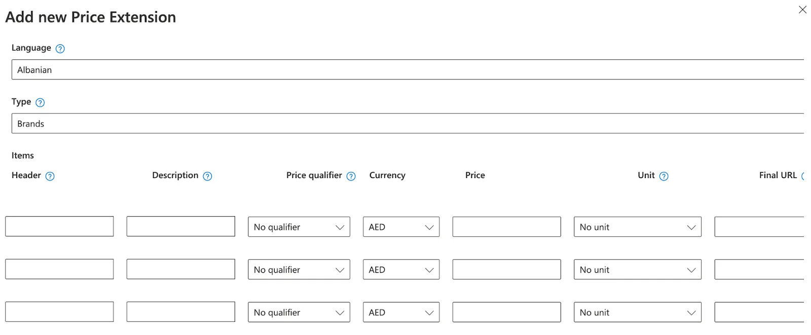 Filling in price extension header, description, price qualifier, currency and price