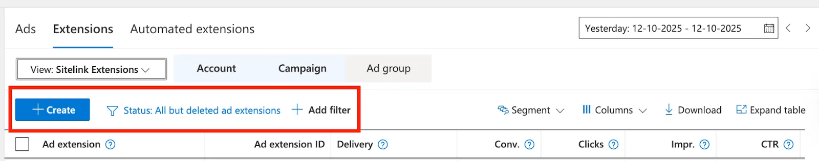 Clicking Create to add a new sitelink extension