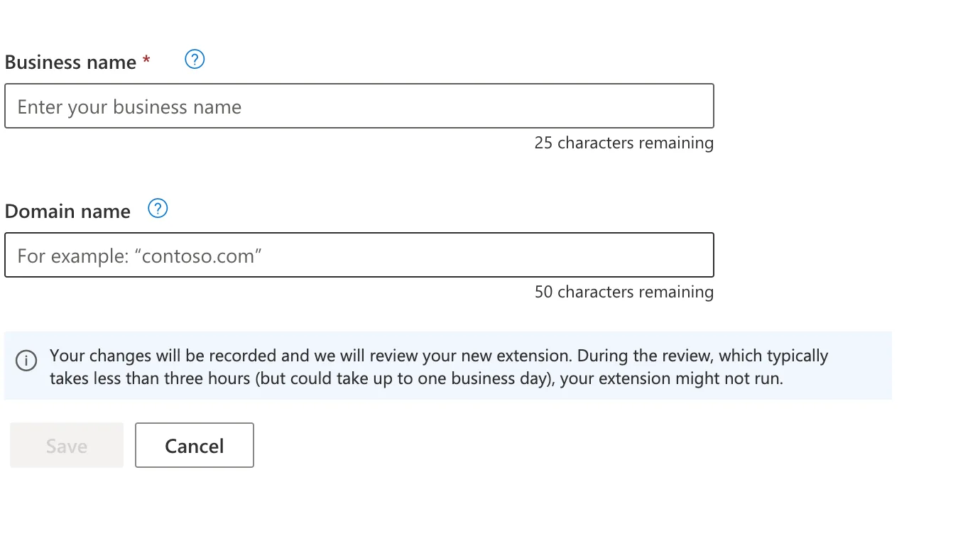 Entering the business name and domain for a logo extension