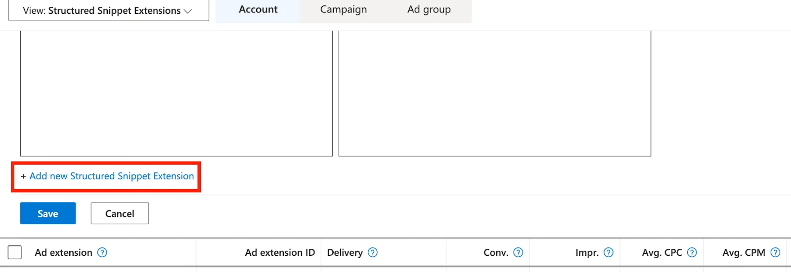 Create Structured Snippet Extensions panel with the add new extension link