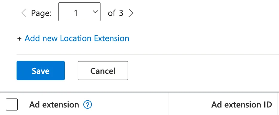 Create Location Extensions panel with the add new location extension link