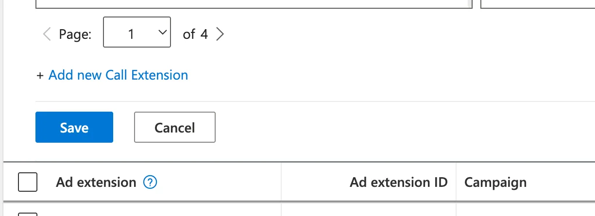 Clicking Create to add a new call extension in Microsoft Advertising