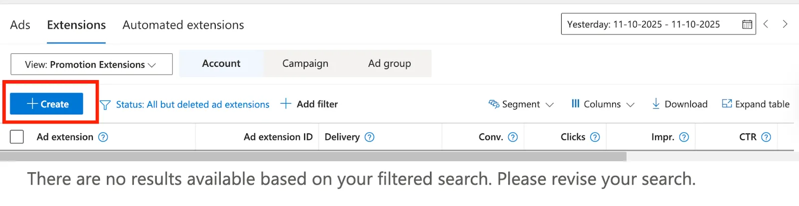 Clicking Create to add a new promotion extension