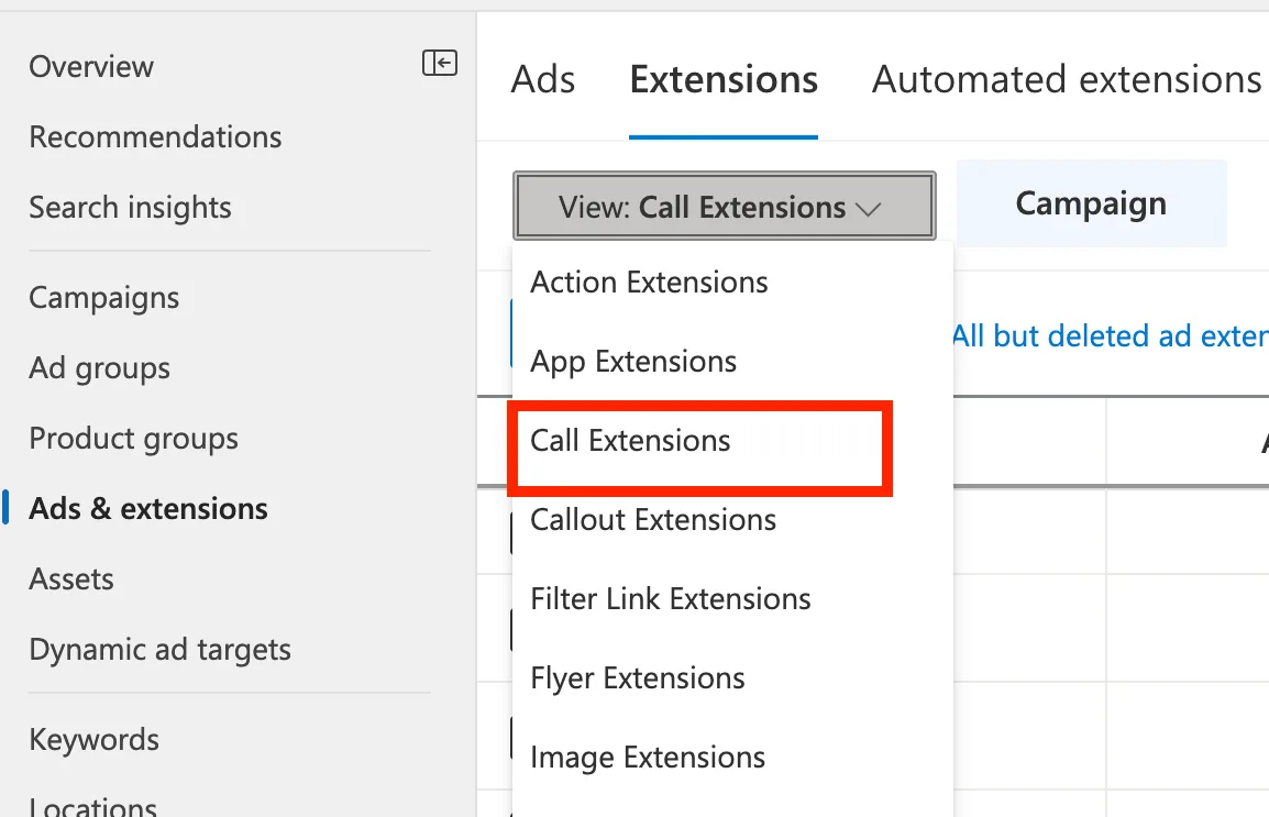 Selecting Call Extensions from the extension type dropdown in Microsoft Advertising