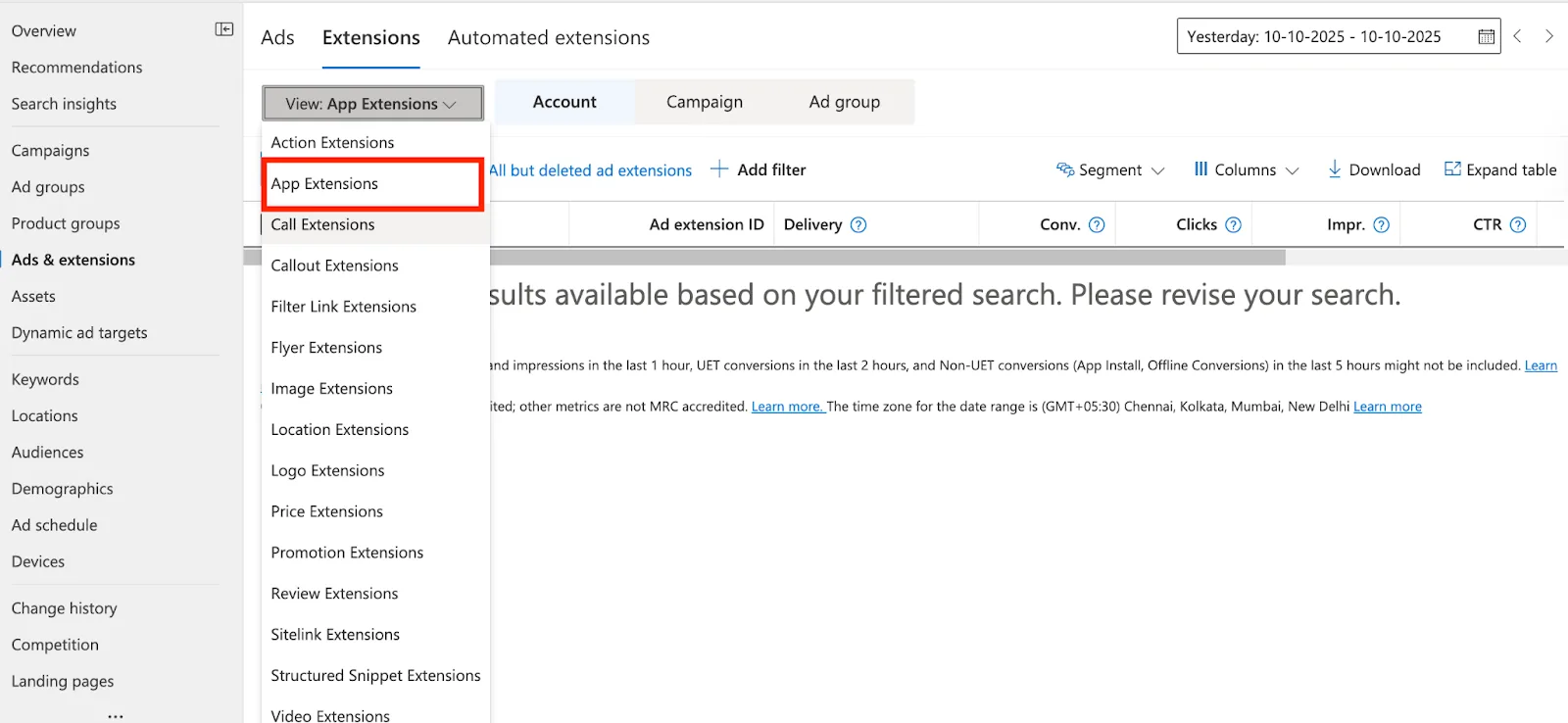 Selecting App Extensions from the extension type dropdown in Microsoft Advertising