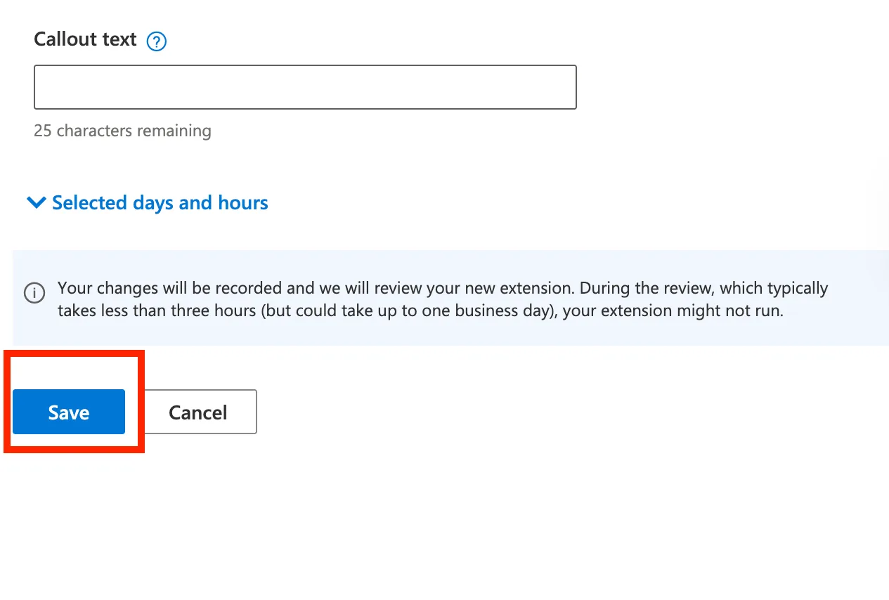 Saving a new callout extension in Microsoft Advertising
