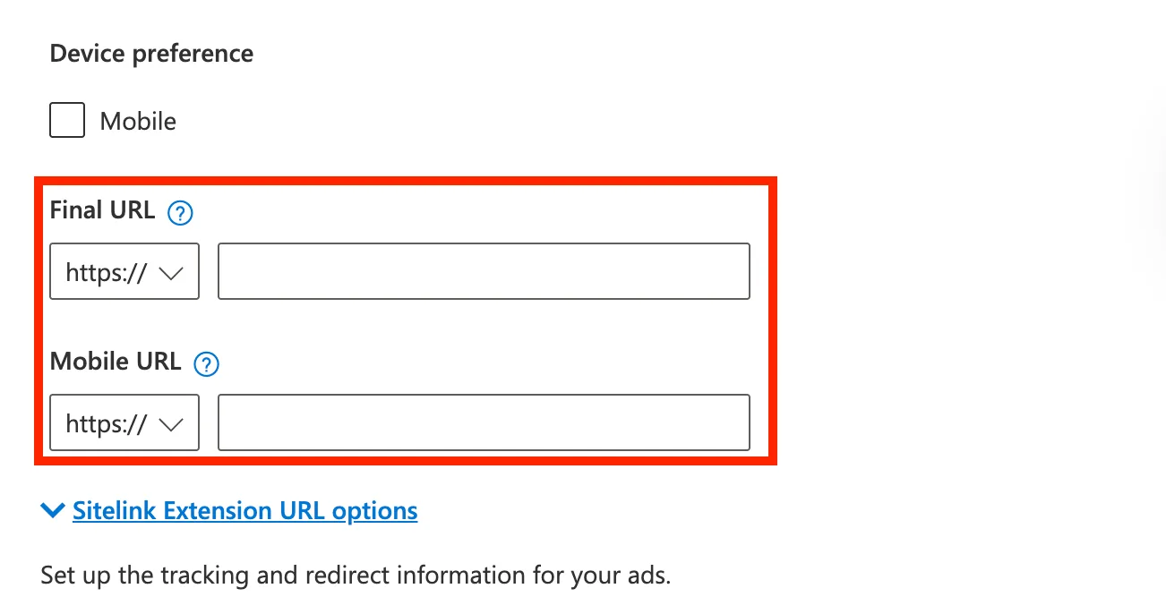 Setting sitelink device preference and URLs
