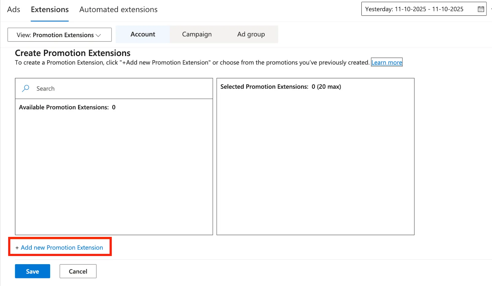 Create Promotion Extensions panel with the add new promotion extension link