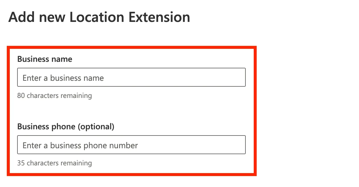 Entering the business name and phone number for a location extension