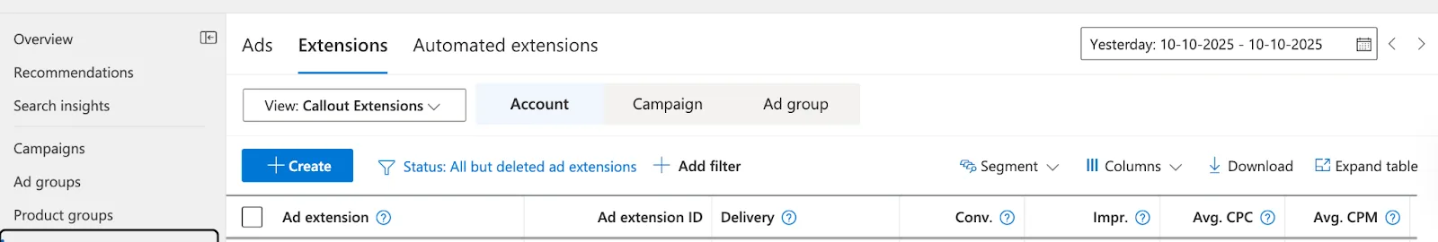 Clicking Create to add a new callout extension in Microsoft Advertising
