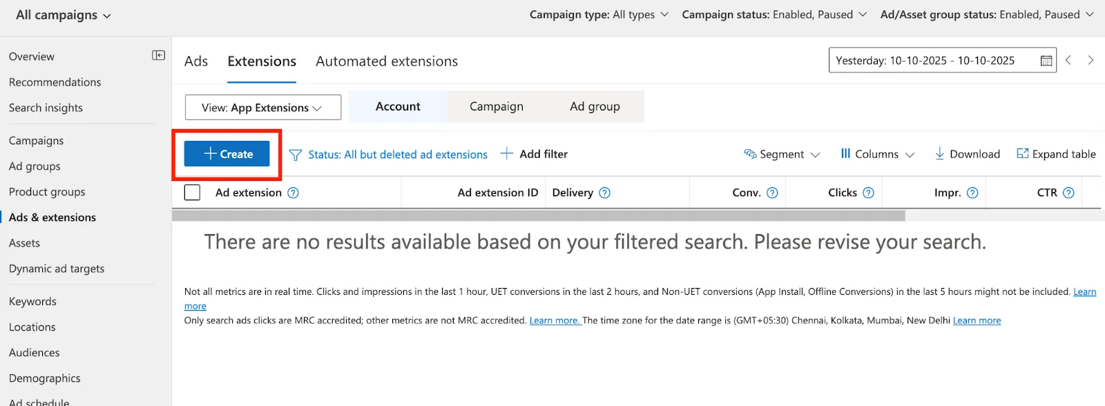 Clicking Create to add a new app extension in Microsoft Advertising