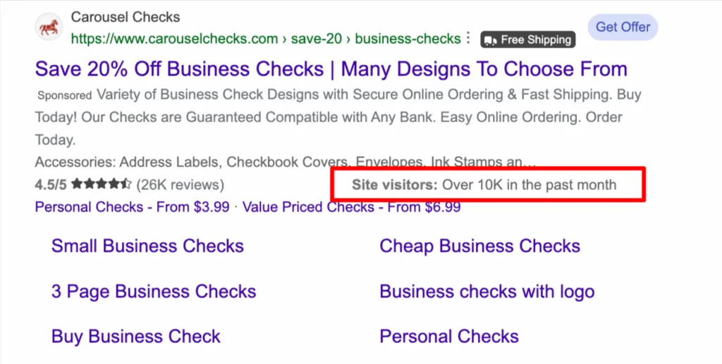 Example Microsoft Advertising automated extension showing site visitors over 10K in the past month