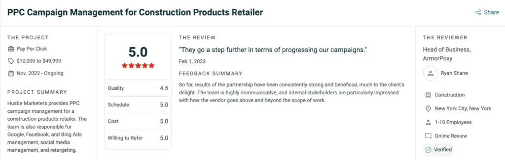 5-star Clutch review from ArmorPoxy for PPC campaign management