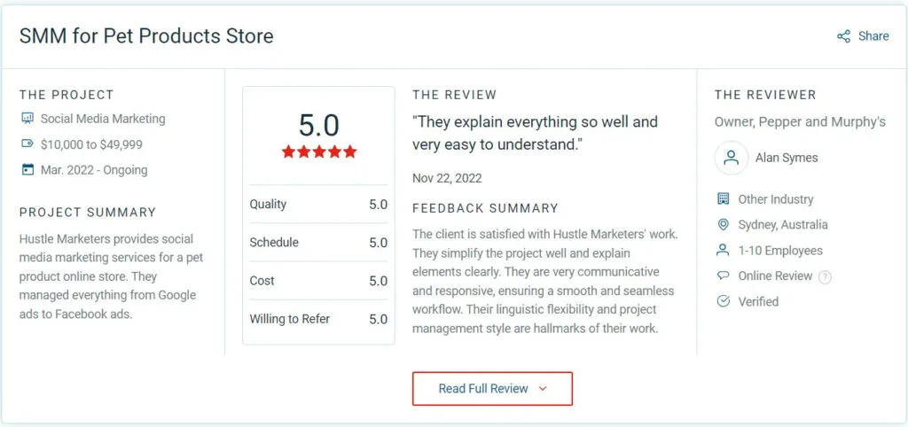 5-star Clutch review from Pepper and Murphy for pet products social media marketing