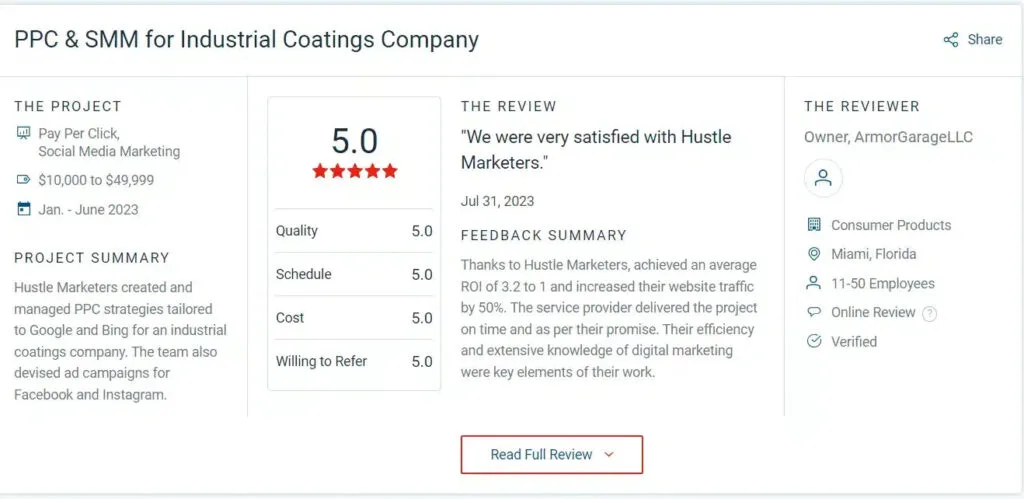 5-star Clutch review from Armor Garage for PPC and social media marketing