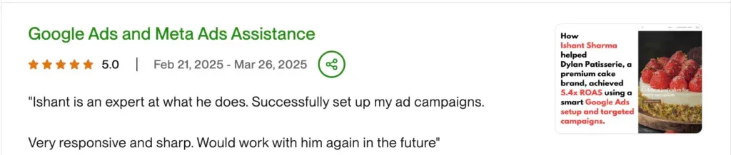 5-star review from Dylan Patisserie for Google Ads and Meta Ads assistance