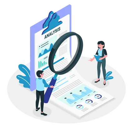 Product page SEO illustration with an analysis report and magnifying glass