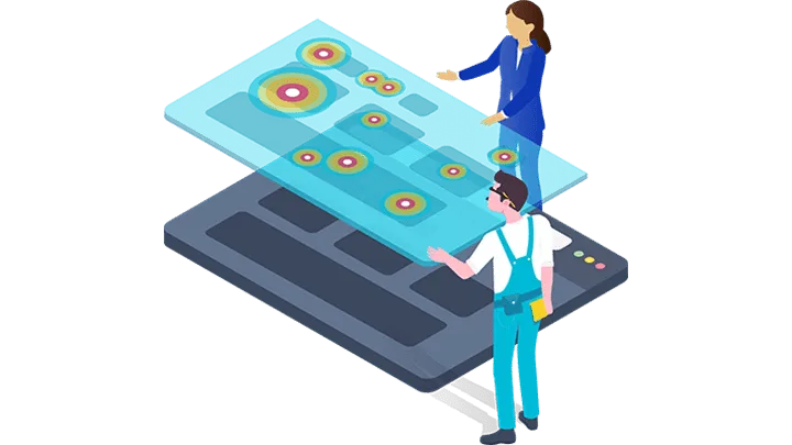 Isometric illustration of users interacting with mobile screens
