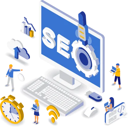SEO illustration with a computer, gears and a global team