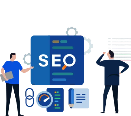 Magento technical SEO illustration with an SEO dashboard and team
