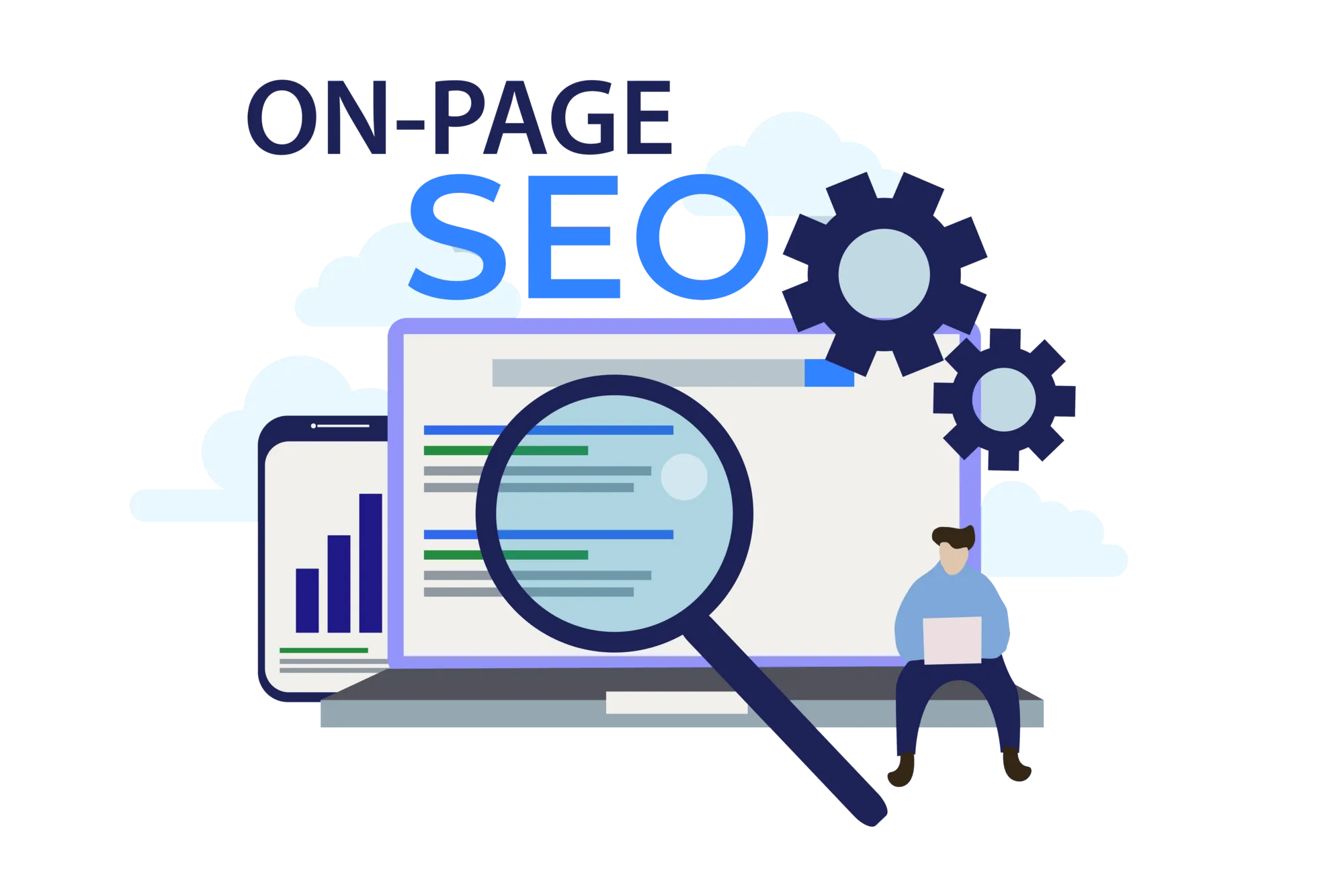 On-page SEO illustration with a magnifying glass and gears