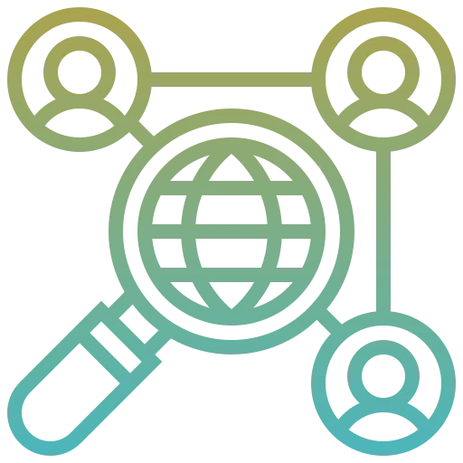 Global network icon with magnifying glass